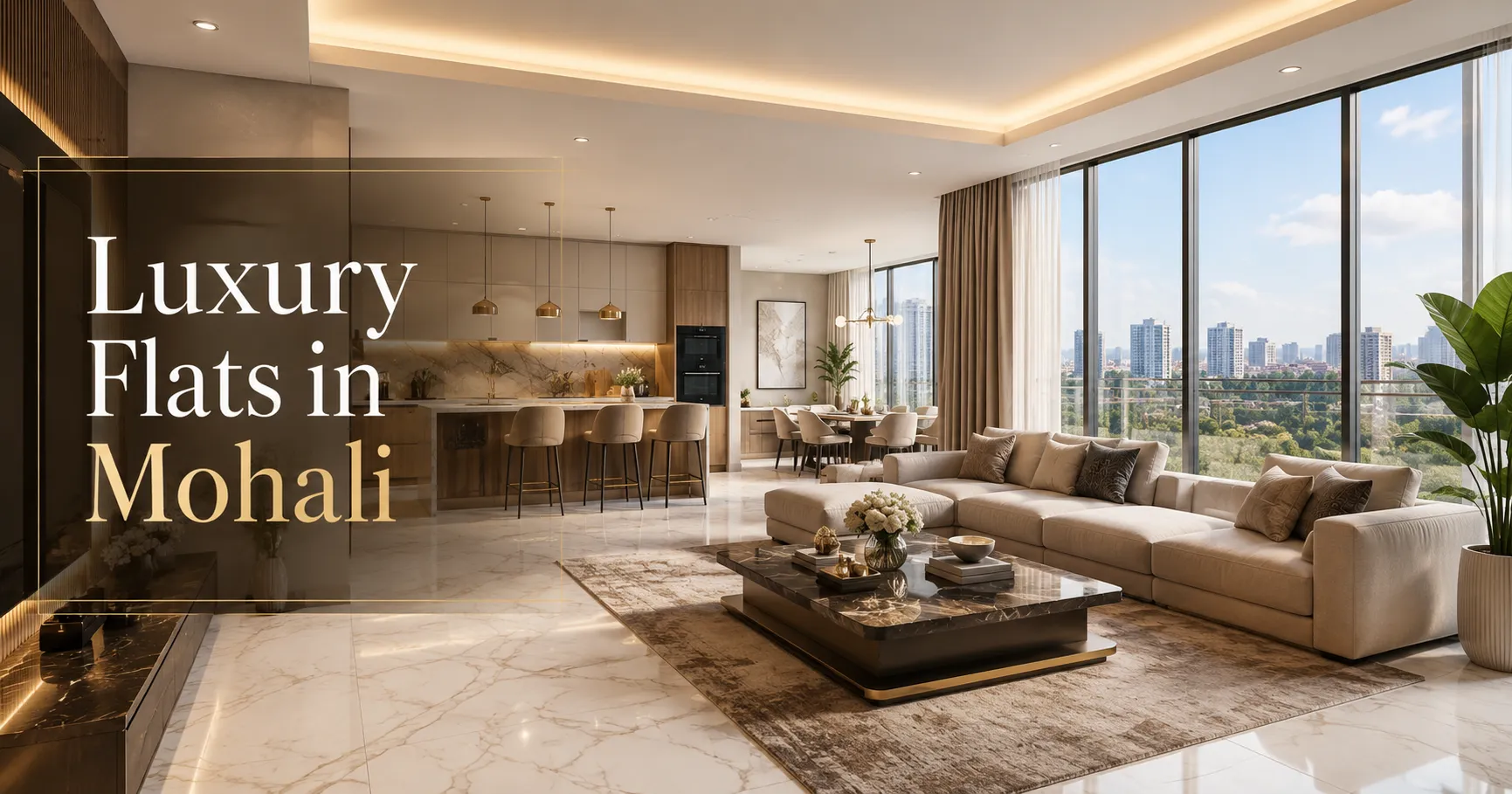 A premium real estate visual showing luxury residential towers in Mohali with elegant architecture, landscaped gardens, wide internal roads, modern balconies, clubhouse-style amenities, and a high-end urban lifestyle atmosphere.